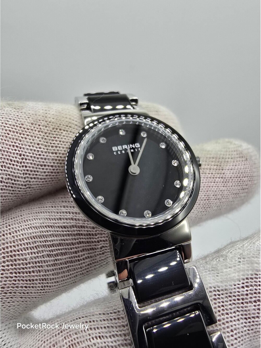 BERING Women’s Quartz Analog Black Dial Diamond Markers Ceramic Bracelet 50m